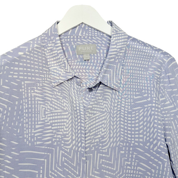 PURE Collection 100% Silk Button Front Top Geometric Print Blouse Blue Sz M 8 10 - Picture 2 of 7